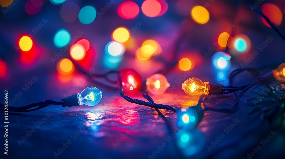 Poster A vibrant array of colorful fairy lights glimmering against a deep backdrop, creating a festive and enchanting atmosphere.