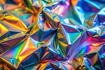 Colorful holographic foil texture with vibrant reflections and crumpled surface creates mesmerizing visual effect. interplay of light and color evokes sense of wonder and creativity