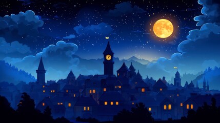 Moonlit town with clouds and stars on a clear night