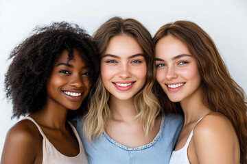 three young beautiful multiracial women standing together and smiling at the camera
