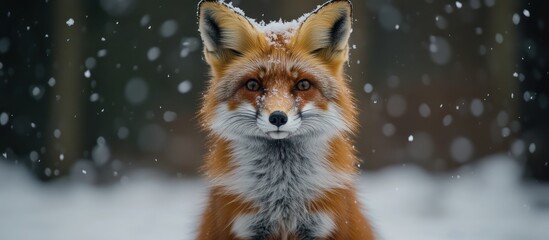 Obraz premium A red fox stands in a snowy forest, looking directly at the camera.