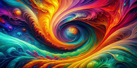 Vibrant digital abstract artwork featuring swirling colors and cosmic elements, creating mesmerizing visual experience that captivates viewers imagination