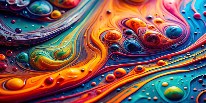 Colorful paramagnetic fluid patterns create mesmerizing visual experience, showcasing vibrant swirls and bubbles in dynamic interplay of colors. intricate details evoke sense of wonder and curiosity