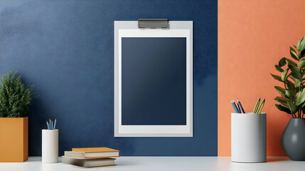 Obraz premium Blank Clipboard Mockup Hangs on a Two-Toned Wall Above a Tabletop