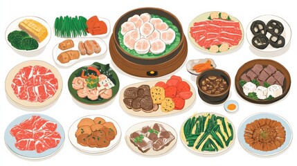 Illustration of various dishes arranged on a table for a meal