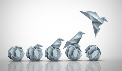 Emerging Potential And Success as an unstoppable origami bird born rising from an egg representing...