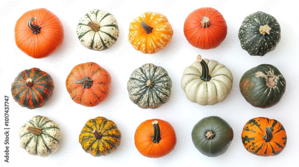 Wall mural pumpkin collection on white background top view