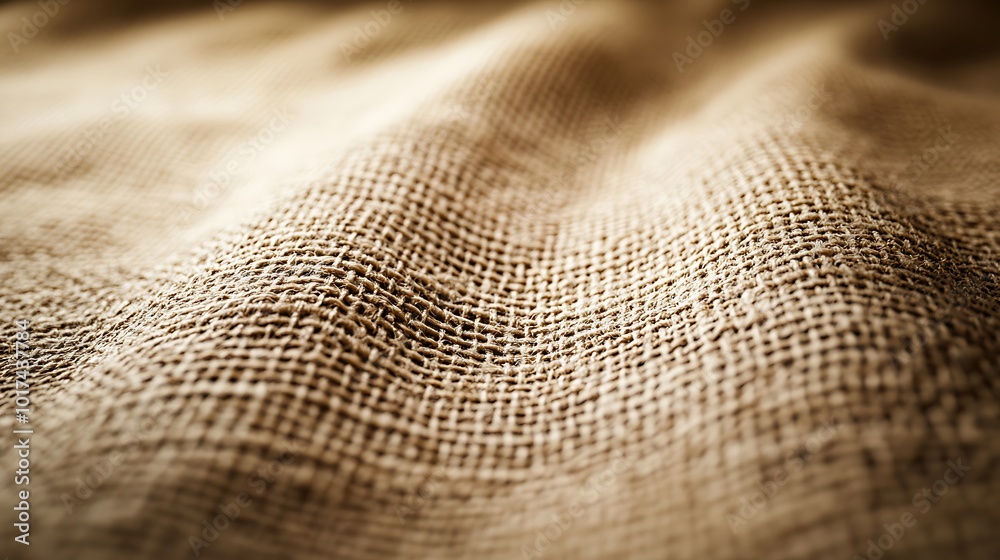 Poster A close-up view of a textured burlap fabric, showcasing its natural fibers and earthy tones in soft lighting.