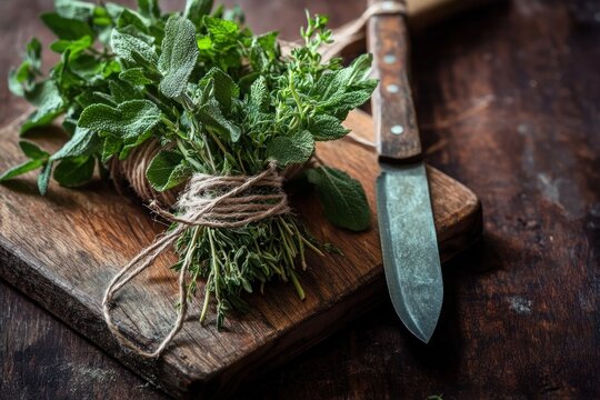 A rustic still life of freshly picked herbs, tied with twine and resting on a wooden chopping board with a knife nearby.
