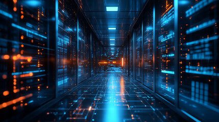 Futuristic data center corridor with glowing digital interfaces and servers