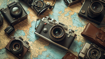Vintage cameras on a world map with leather cases