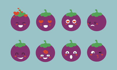 Adorable mangosteen character emoticon set with love and playful expressions

