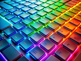 Obraz premium Colorful computer keyboard backlighting creates vibrant and dynamic atmosphere, enhancing user experience with its rainbow hues. illuminated keys add modern touch to any workspace