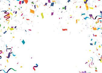 Celebration background template with confetti and colorful ribbons.