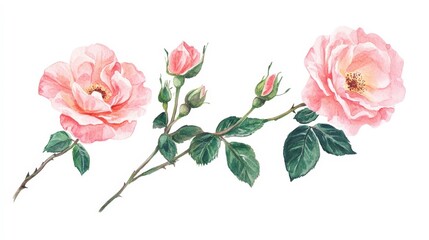 Obraz premium Elegant watercolor illustration of blooming pink roses with green leaves