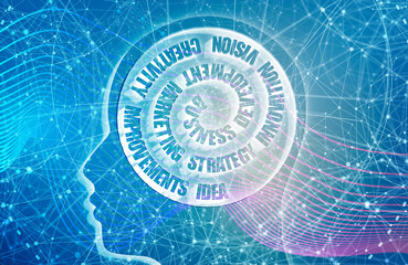 Personal growth and development. Spiral words cloud in human head. Business innovation concept.