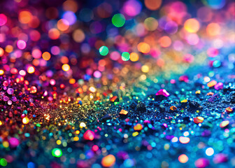 Naklejka premium Colorful holographic glitter particles create mesmerizing and vibrant background, showcasing spectrum of shimmering hues that evoke sense of joy and creativity