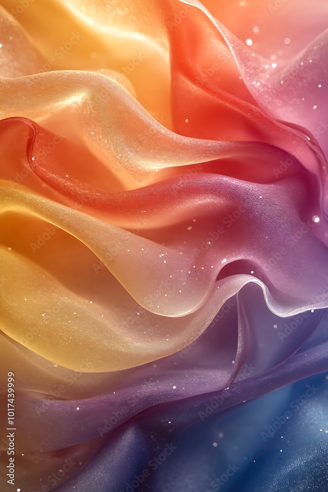 Poster vibrant fabric waves in rich hues of orange, yellow, and blue, creating a soft, dreamy texture with 