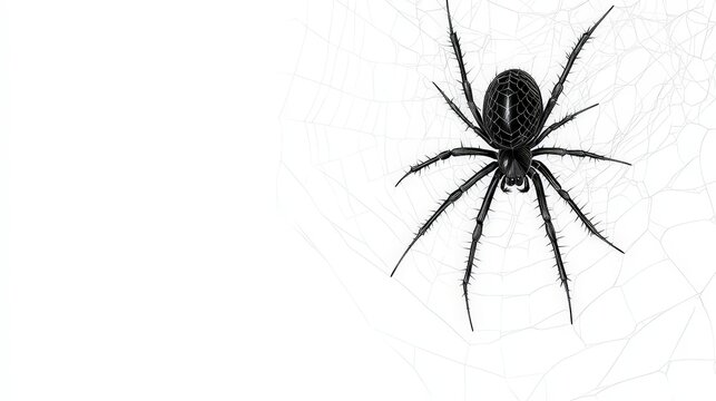 Black spider on web with detailed pattern on white background