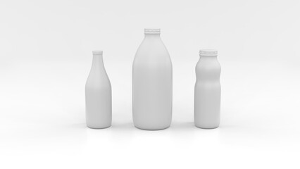 Mockup of the small, medium and large size bottles for a juice on white background. 3d illustration.