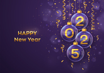 Happy New Year 2025. Golden metal 3D numbers 2025 in glass bauble. Hanging Christmas balls, glitter confetti on purple background. Greeting card. Holiday Xmas poster, banner. Vector Illustration.