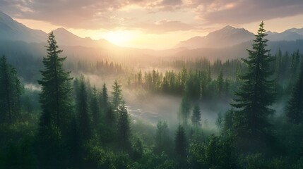 Dramatic Sunrise Over Lush Forest Landscape