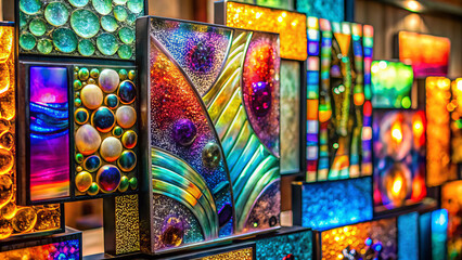 Fototapeta premium Vibrant, intricately designed dichroic glass fusion art pieces create stunning visual display. colorful patterns and textures evoke sense of wonder and creativity