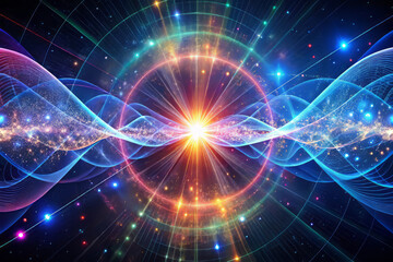 vibrant abstract rendering of quantum wave functions, showcasing burst of energy at center, surrounded by colorful waves and cosmic elements. This evokes sense of wonder and exploration in realm of