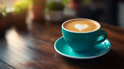 Obraz premium A close-up shot of a cup of coffee with latte art in the shape of a heart, served in a teal cup and saucer on a wooden table. The warm, inviting image evokes feelings of comfort, relaxation, and indul
