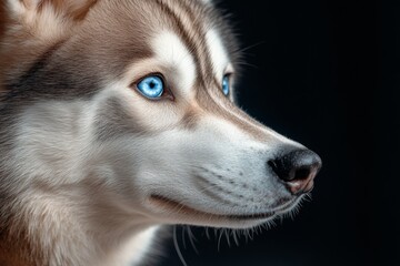 A close-up portrait of a Husky with piercing blue eyes looking off to the side, showcasing its striking features, loyalty, intelligence, and captivating gaze.