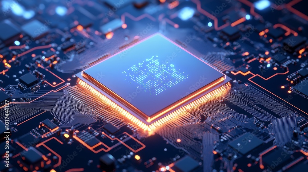 Poster a close-up view of an advanced microprocessor chip, showcasing intricate circuitry and glowing conne