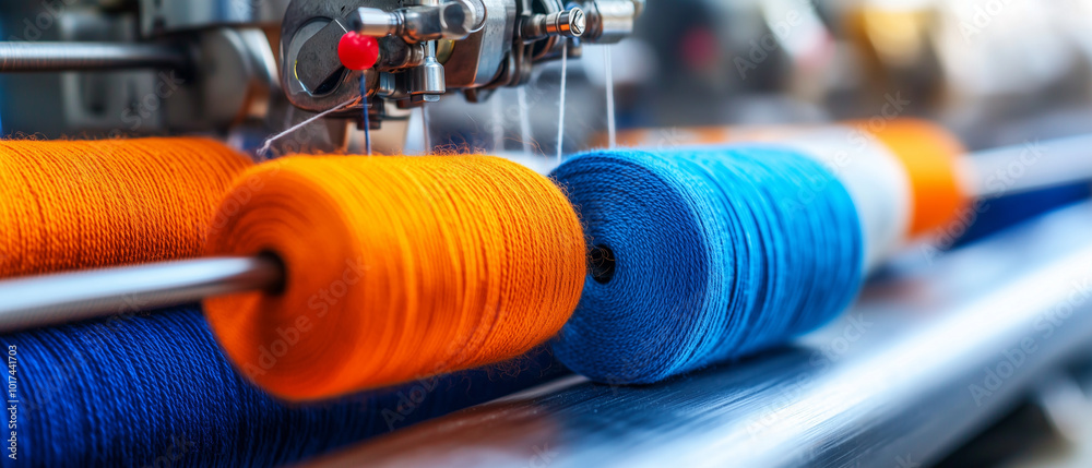 Poster Modern textile weaving machines are intricately designed to produce vibrant fabric using colorful threads. precision and technology involved create stunning patterns and textures