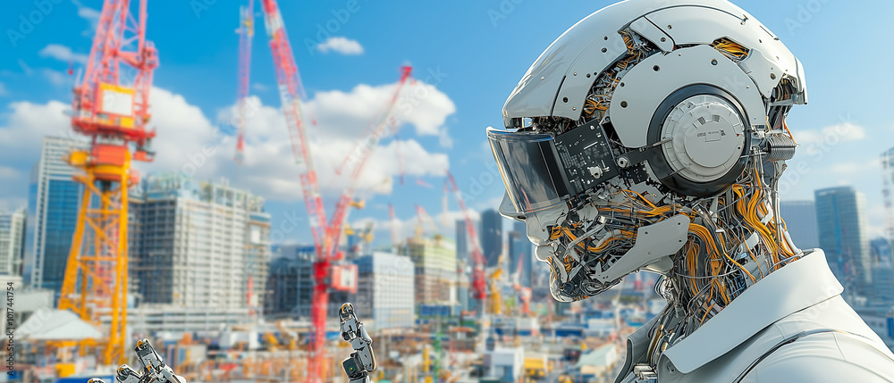 Poster futuristic robot with intricate circuitry stands in construction site, showcasing advanced technology and innovation in urban development. scene reflects integration of AI in modern infrastructure