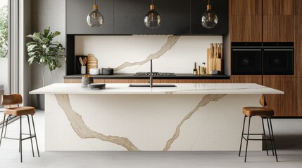 a high-end modern kitchen with an expansive quartz island in the middle