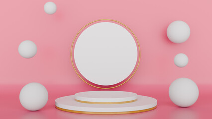 a round mirror on a pedestal surrounded by white eggs