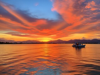 The sky over the sea is red, orange, and yellow in color, with clouds on both sides of it. In front of you, you can see some small islands that have houses or buildings on them. 