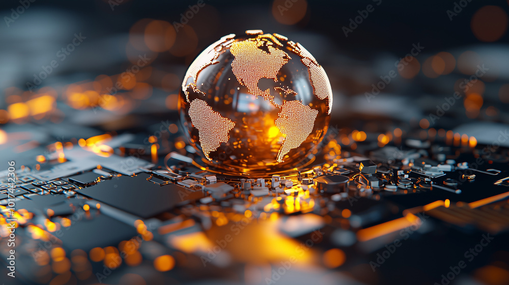 Poster digital globe with glowing continents sits atop circuit board, symbolizing technology and connectivi