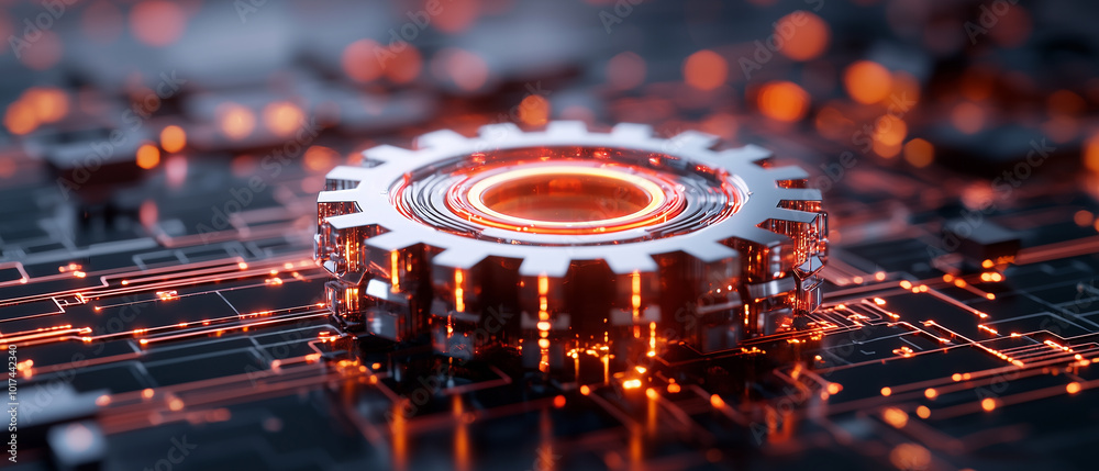 Aufkleber futuristic gear surrounded by glowing circuits represents intersection of technology and innovation.
