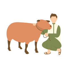 Eid Al Adha Cute Cartoon Character on White Background. with Sacrificial Animal. Isolated Illustration