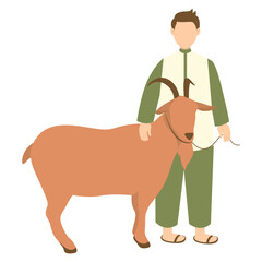 Eid Al Adha Cute Cartoon Character on White Background. with Sacrificial Animal. Isolated Illustration