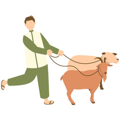 Eid Al Adha Cute Cartoon Character on White Background. with Sacrificial Animal. Isolated Illustration