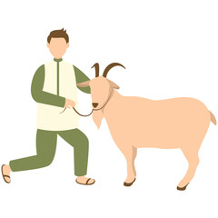 Eid Al Adha Cute Cartoon Character on White Background. with Sacrificial Animal. Isolated Illustration