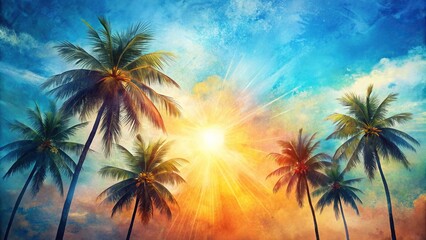 Artistic abstract summer background with palm trees, sun, and sky. Textured brush strokes create a simple and artistic summertime backdrop