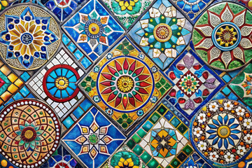 Colorful mosaic tile patterns create vibrant and intricate design, showcasing various shapes and colors that evoke sense of artistry and craftsmanship. diverse patterns and hues bring life to any