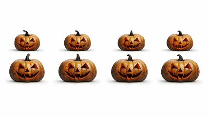 Eight Glowing Halloween Pumpkins Arranged in Two Rows on a White Background