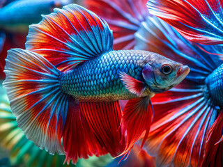 Fototapeta premium Vibrant betta fish display stunning fins in colorful underwater scene, showcasing their intricate patterns and vivid hues. Their beauty captivates and enchants viewers