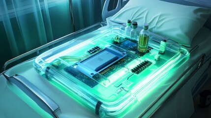 Futuristic hospital bed with integrated medical technology and glowing green light