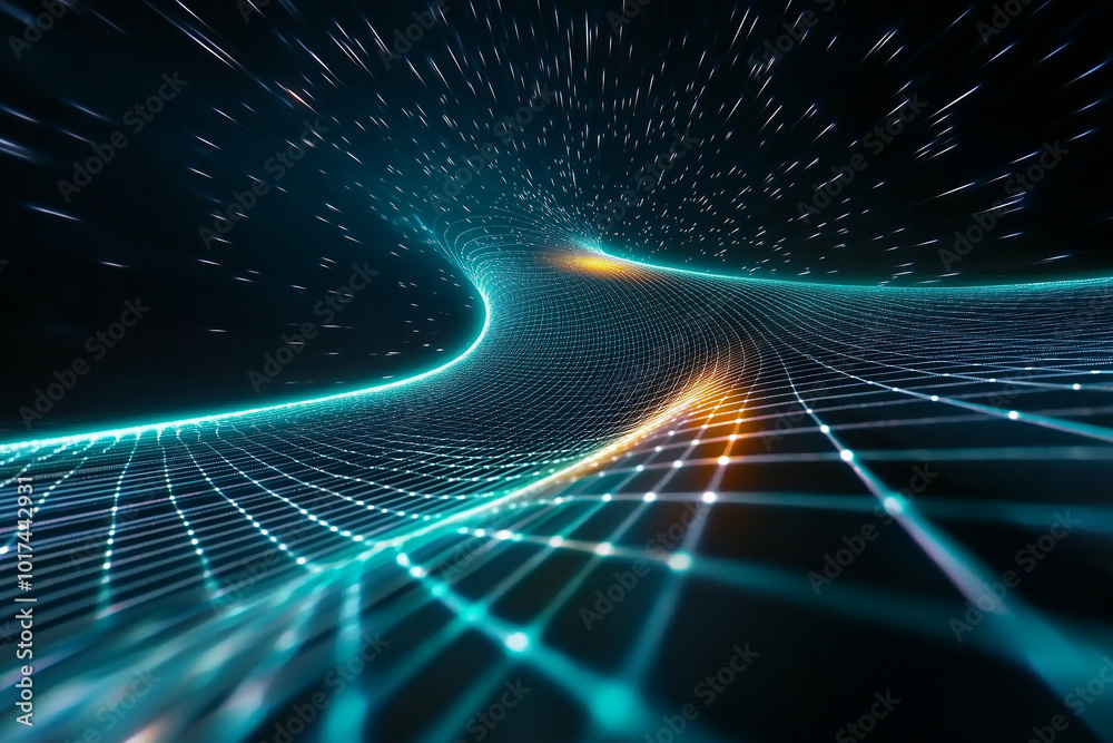 Aufkleber mesmerizing digital landscape featuring flowing grid pattern illuminated by vibrant neon colors, creating sense of depth and movement. dynamic lines evoke feeling of energy and innovation