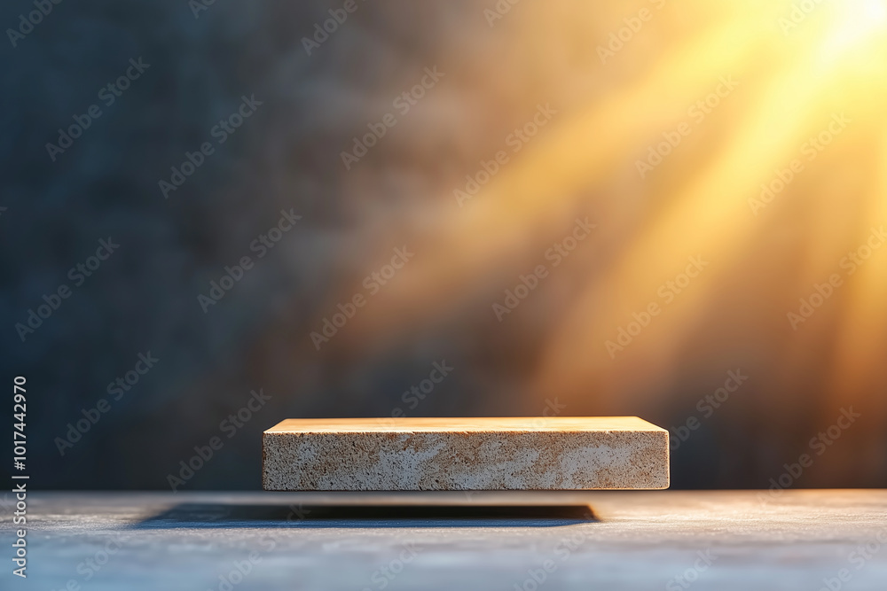 Poster minimalist stage with single spotlight creates warm golden glow, highlighting textured surface of pl