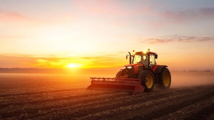 Fototapeta premium A powerful red tractor plows a misty field at sunrise, symbolizing the dawn of a new day, hard work, agricultural productivity, nature's beauty, and the cycle of life.